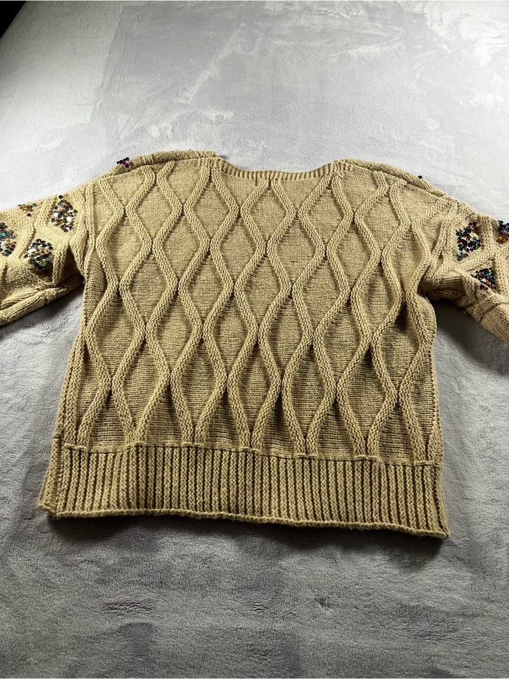Bibi Beige Cable Knit Sweater with Multicolor Inset Multicolor Sequins Size XL - Picture 14 of 15